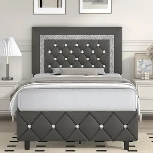 Upholstered Bed Frame, Modern Platform Bed Frame With Diamond Headboard And Footboard, No Boxing Spring Needed, Easy Assembly, Black/ Grey/ Pink/ Purple/ White/ Beige / Green, Twin/ Full/ Queen/ King