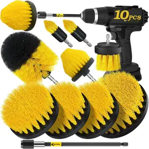 10 count Drill Brush Attachments Set, Power Scrubber Brush with Extend Long AttachmentScrub BrushShower ScrubberCleaning Supplies,Yellow