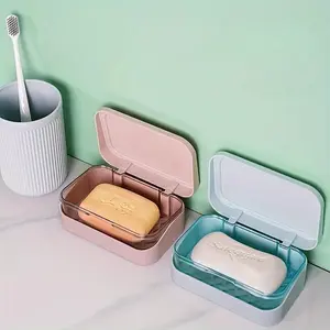 Rectangular Plastic Soap Dish Holder with Lid, Double Drain Design, Drill-Free Bathroom Organizer, Bathroom Accessories, Portable for Travel & Home Use, Ideal Christmas Gift