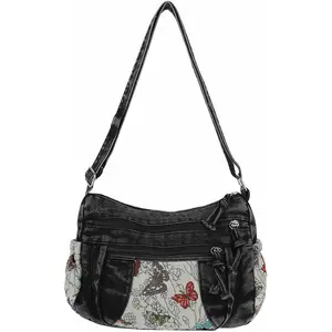 Denim Purse Crossbody Bags, Boho Hobo Crossbody Bags for Women, Casual Hippie Travel Purse with Lots of Pockets Shoulder Underarm Handbag Fashion Y2K Contrasting Butterfly Pattern