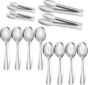 Set of 12 Stainless Steel Serving Utensils Sets - Large Serving Spoons,Slotted Spoons,Serving Tongs,Appetizer Tongs,Utensills Sets for Buffet Catering Banquet Party (Silver)