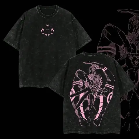 Men's Jujutsu Kaisen Sukuna Graphic T-Shirt - 220g Heavyweight Washed Soft Pure Cotton, Ribbed Crew Neck, Loose Fit Unisex Retro Short-Sleeve JJK Edit Print Streetwear Top, Mens Clothing, Jujutsu Kaisen Anime Print Men's Short-Sleeve T-Shirts