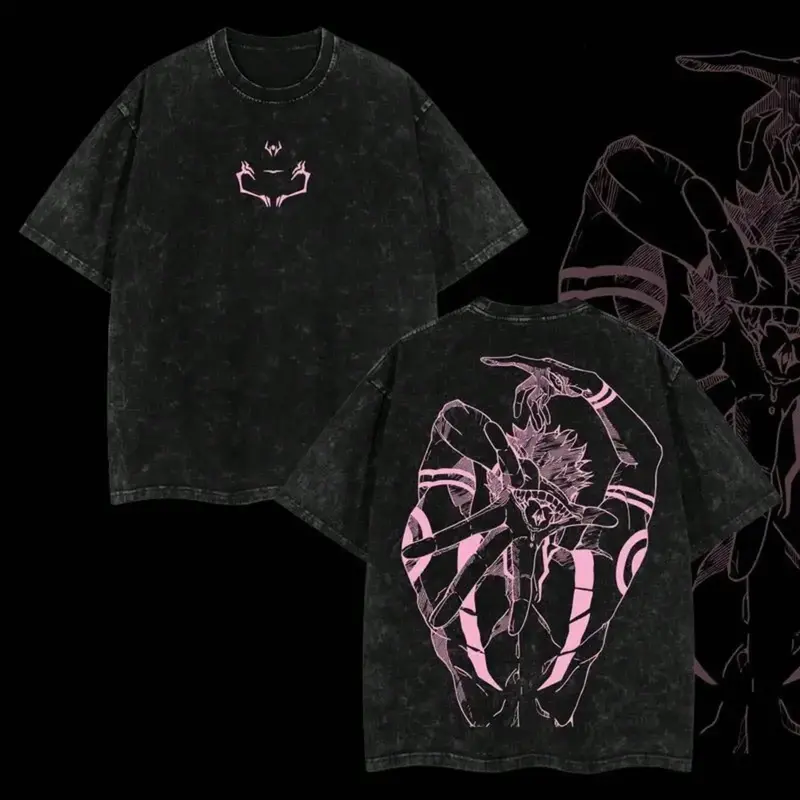 Men's Jujutsu Kaisen Sukuna Graphic T-Shirt - 220g Heavyweight Washed Soft Pure Cotton, Ribbed Crew Neck, Loose Fit Unisex Retro Short-Sleeve JJK Edit Print Streetwear Top, Mens Clothing, Jujutsu Kaisen Anime Print Men's Short-Sleeve T-Shirts