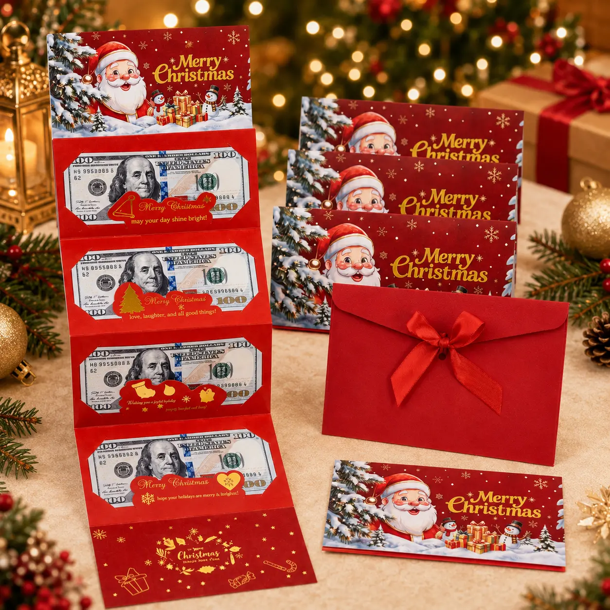 4 Pcs Christmas Money Envelope for Cash, Creative Folding Money Holder with 6 Slots, Luxury Paper Cash Gift Card Holder, DIY Holiday Money Gift Envelope for Xmas, Women Men Girls Boys Mom Dad