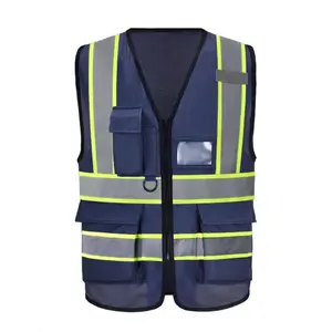 Unisex High-Visibility Polyester Protective Safety Vest - Navy Blue, Zippered Sturdy Design, Reflective Highlights, Multi-Pockets, Bright Yellow Strips for Night Riding, Outdoor Work, High-Visibility Safety Vests, Protective Safety Vests