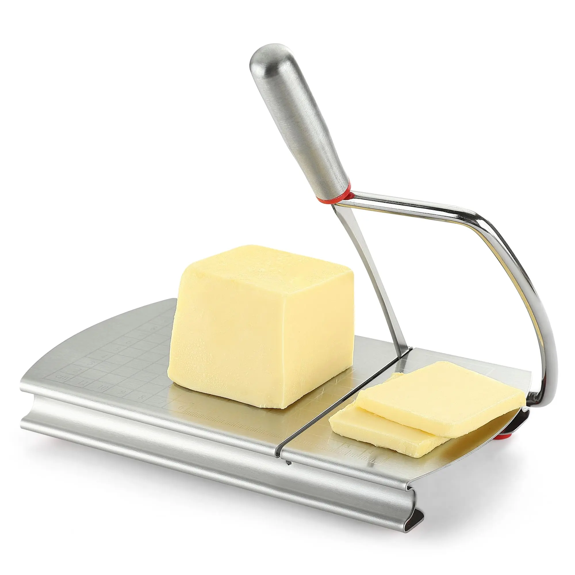 Multi-Use Stainless Steel Cheese Slicer with Real Blade, Cutter Board, Precision Grid, Non-Slip Ft - Kitchen Utensils for Effortless Slicing of Block Cheese, Butter, Veggies & Bread