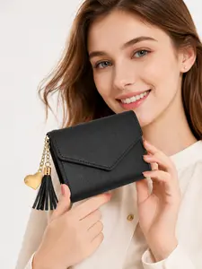 Chic Women Faux Leather Short Wallet with Envelope Flap, Gold Heart Charm, Tassel Pendant and Multi Card Storage, Compact Coin Purse and Cash Holder for Daily Commute, Weekend Travel, Vacation, Shopping and Small Handbag Use, Sweet Gift for Christmas,