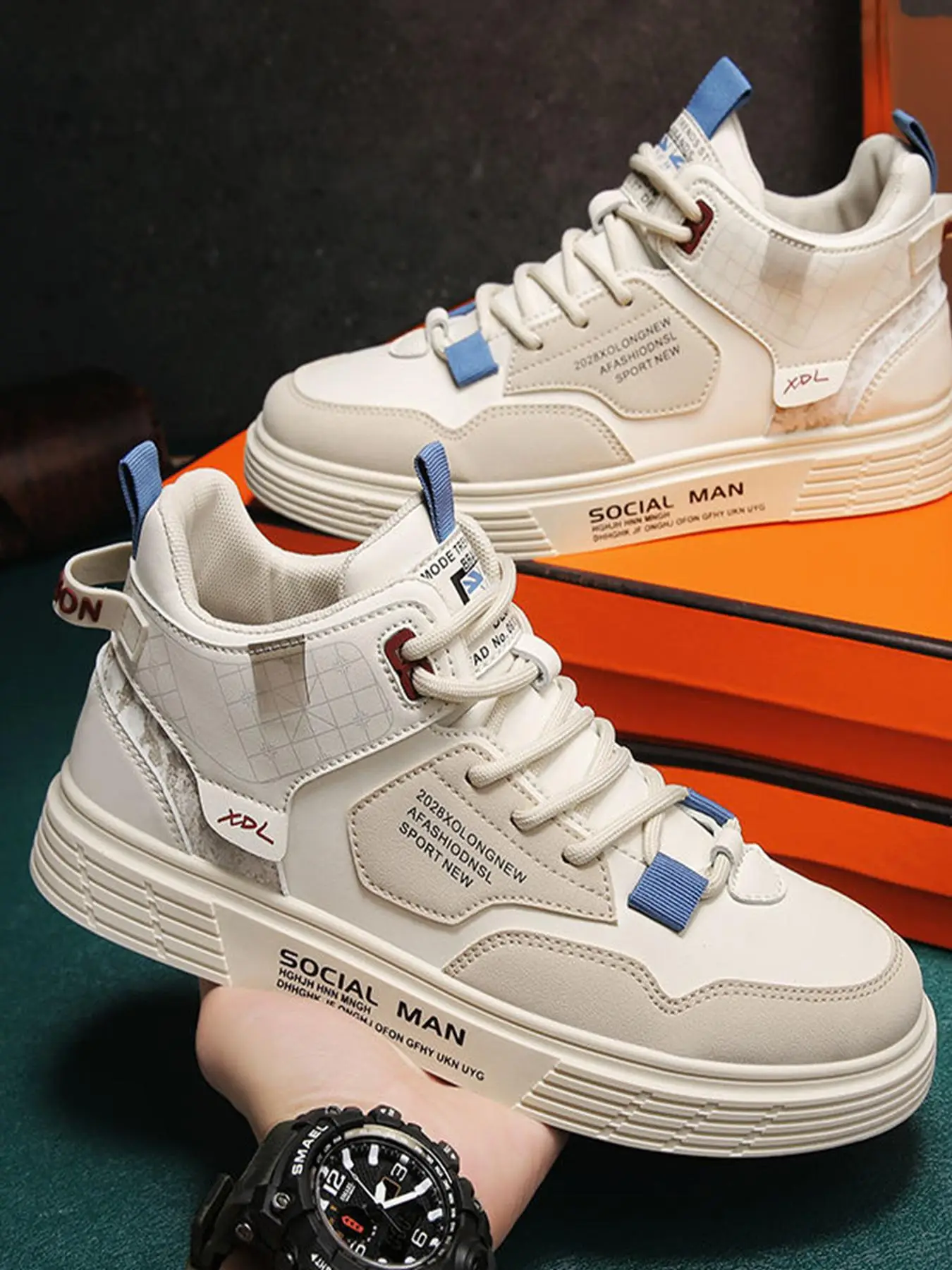 Men's Geometric & Letter Pattern Patchwork Design Lace up Front High Top Sneakers, Casual Comfort Breathable Shoes for Daily Wear, Trendy Matching Spo