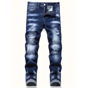 Men's Premium Blue Ripped Jeans | Slim Fit Stretch Denim Pants | Gradient Washed Distressed Bottoms with Rolled Cuffs for Street Style