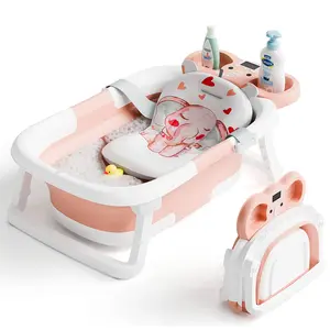 Collapsible Baby Bathtub with Real-time Temp Monitor + Floating Cushion, Foldable Baby Bath Tub Set - Perfect Portable Travel Baby Tub Cute Care