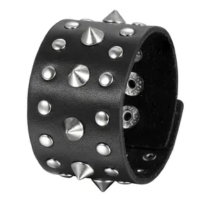 OIDEA Wide Studded Leather Punk Bracelet for Men, Adjustable Rock Biker Cuff Wristband with Alloy Rivets