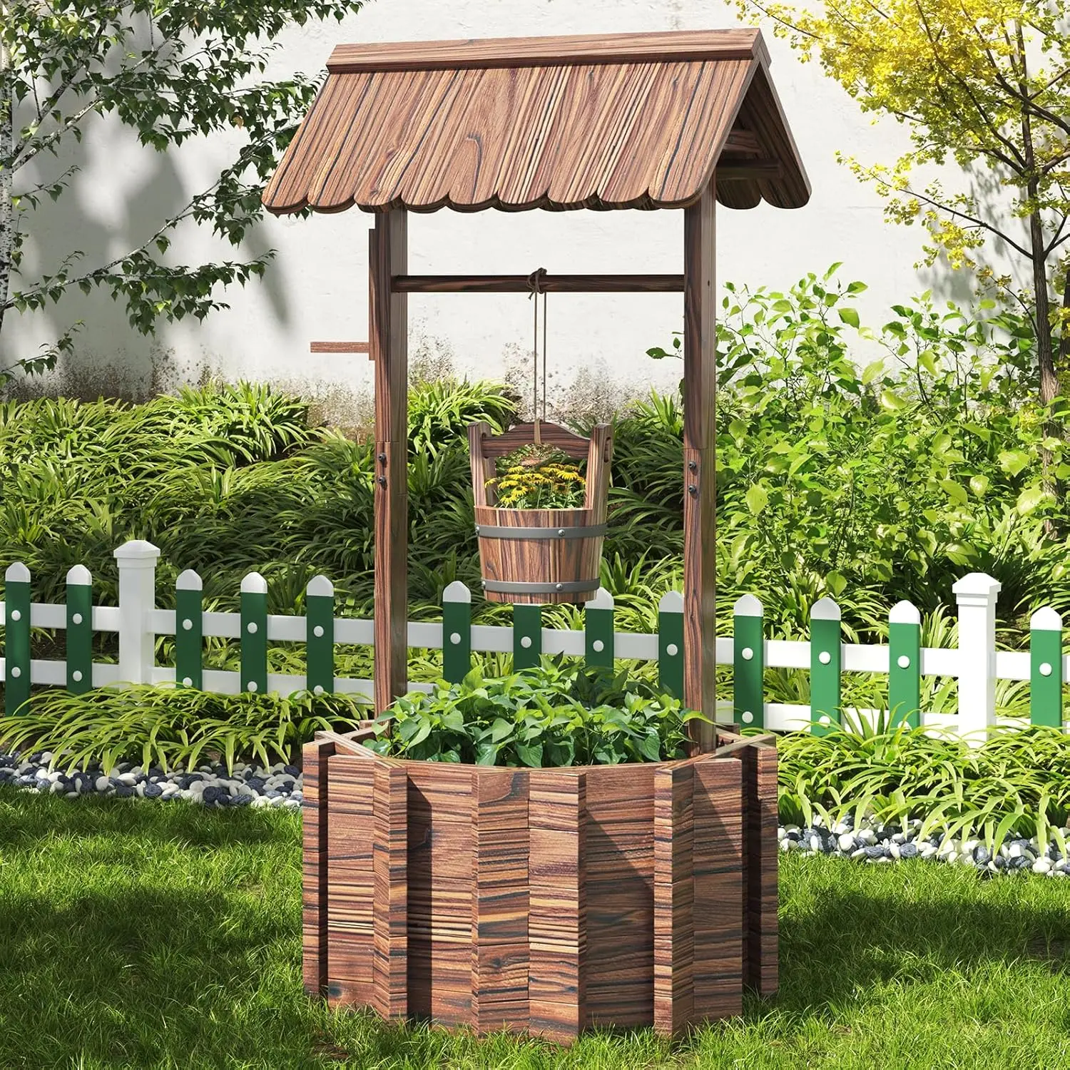 Aoxun Fir Wood Outdoor Wishing Well Planter with Hanging Bucket, 25.6" W Reinforced Base, Shade Roof, Outdoor Garden Accessories, Backyard Garden Accessories, Patio Flower & Plant Decor, Yard Decor, Backyard Decor
