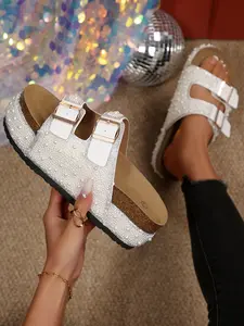 Women's Pearl Rhinestone Slippers, Thick Sole PU Leather, Ethnic Pattern, Fashionable Outdoor Wear, Versatile One-Strap Sandals, Footwear