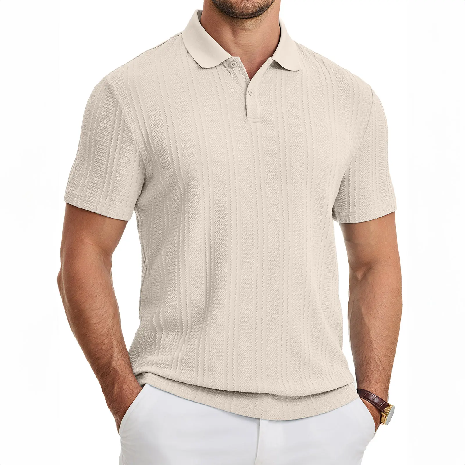 JMIERR Mens Polo Shirt Textured Short Sleeve Summer Button Collar Knitted Golf Polos