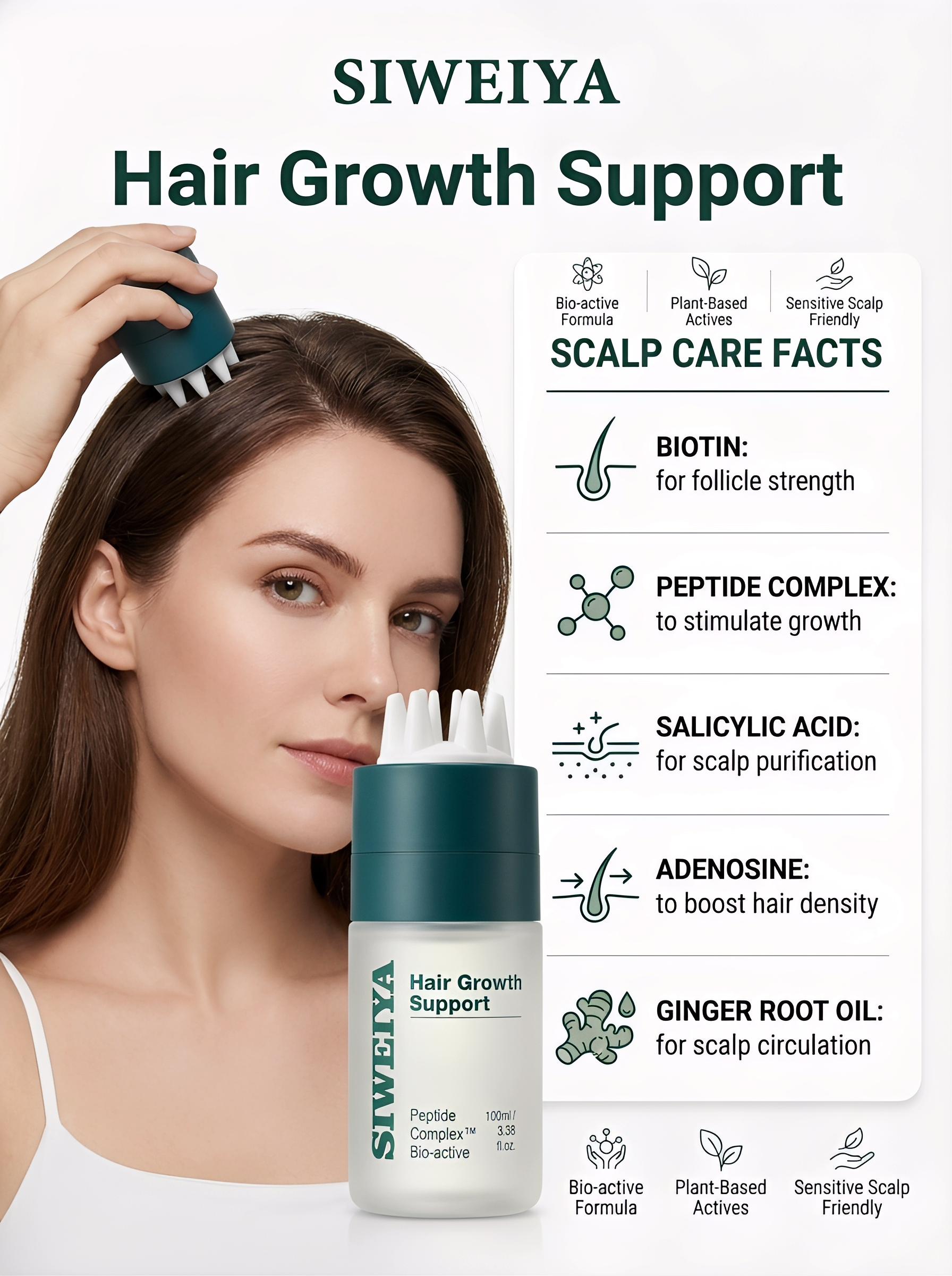 Korean Hair Growth Serum with Built-in Scalp Massager, Peptide Complex Formula for Thinning Hair & Hair Loss Concern, Strengthens Hair Roots, Soothes & Nourishes Scalp, Plant-Based Bio-Active Scalp Care for Fuller-Looking Strands, 100ml