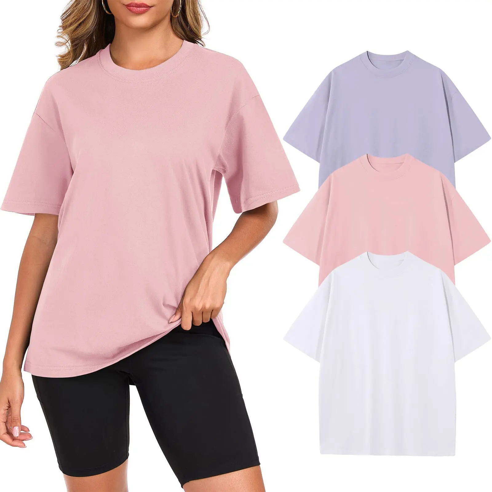 Women's Heavyweight Cotton Blend Cropped Oversized Short-Sleeve Crewneck T-Shirt - Drop-Shoulder, Comfy, Quick Dry, Breathable, Casual Fitness Wear, Crop Tops, Sporty Chic Active Wear