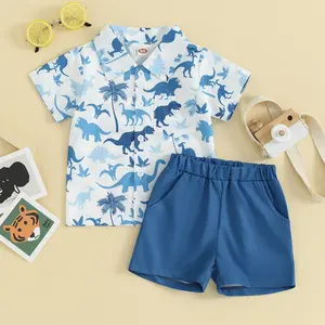 Boys Summer Set, Lapel Neck Short Sleeve Button Down Tops + Elastic Waist Shorts Toddler 2 Piece Dinosaur Outfits