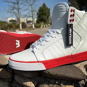 Supra Skytop High Top Skate Shoes Red and White Pebble Leather Streetwear Sneakers
