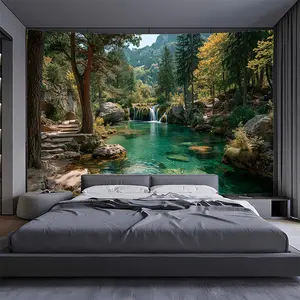 1pc Non-Sticky Fabric Wallpaper - Turquoise Waters, Cascading Waterfall & Lush Greenery Landscape Backdrop for Living Room, Bedroom, Office Decor - Easy Installation, No Glue Needed, Multiple Sizes Available - Nature-Themed Home Decoration, Nature Decor,