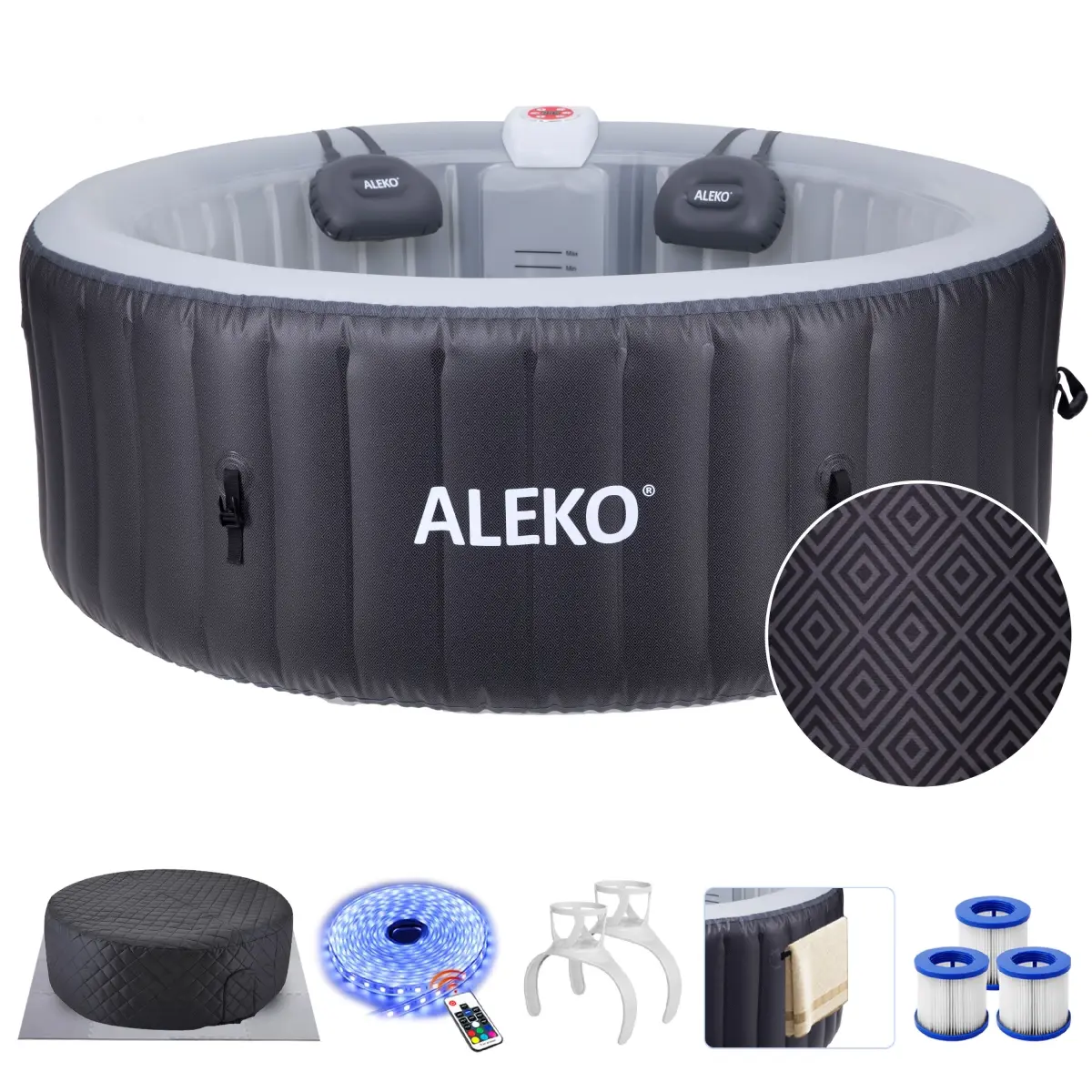 ALEKO HTIR4BDIAMOND-UNB ALEKO Round Inflatable 4 Prs Hot Tub 211 Gallon 120 Bubble Jets Black Diamond