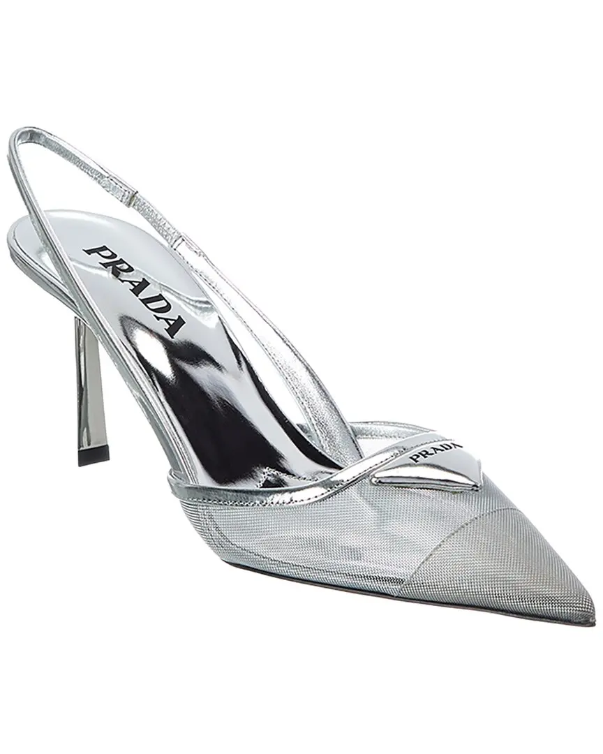 Prada Mesh & Leather Pointy-Toe Slingback Pump
