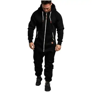 New Foreign Trade Men's Hooded Fleece Jumpsuit Solid Color Color Matching Casual Men's Suits Jumpsuit