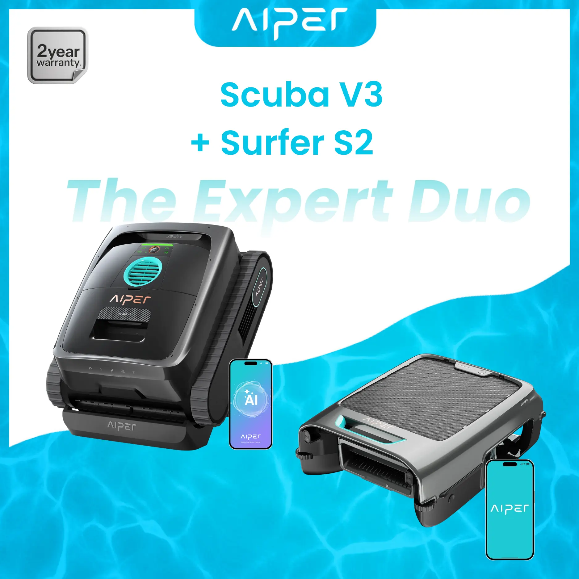 (2026 New) AIPER Experts Duo: Scuba V3 & EcoSurfer S2, 360° Top-to-Bottom Cleaning, 7 Day Hands-Free Care, 10x Faster Pool Cleaning with AI Patrol, Smart Parking & Water Quality Maintenance