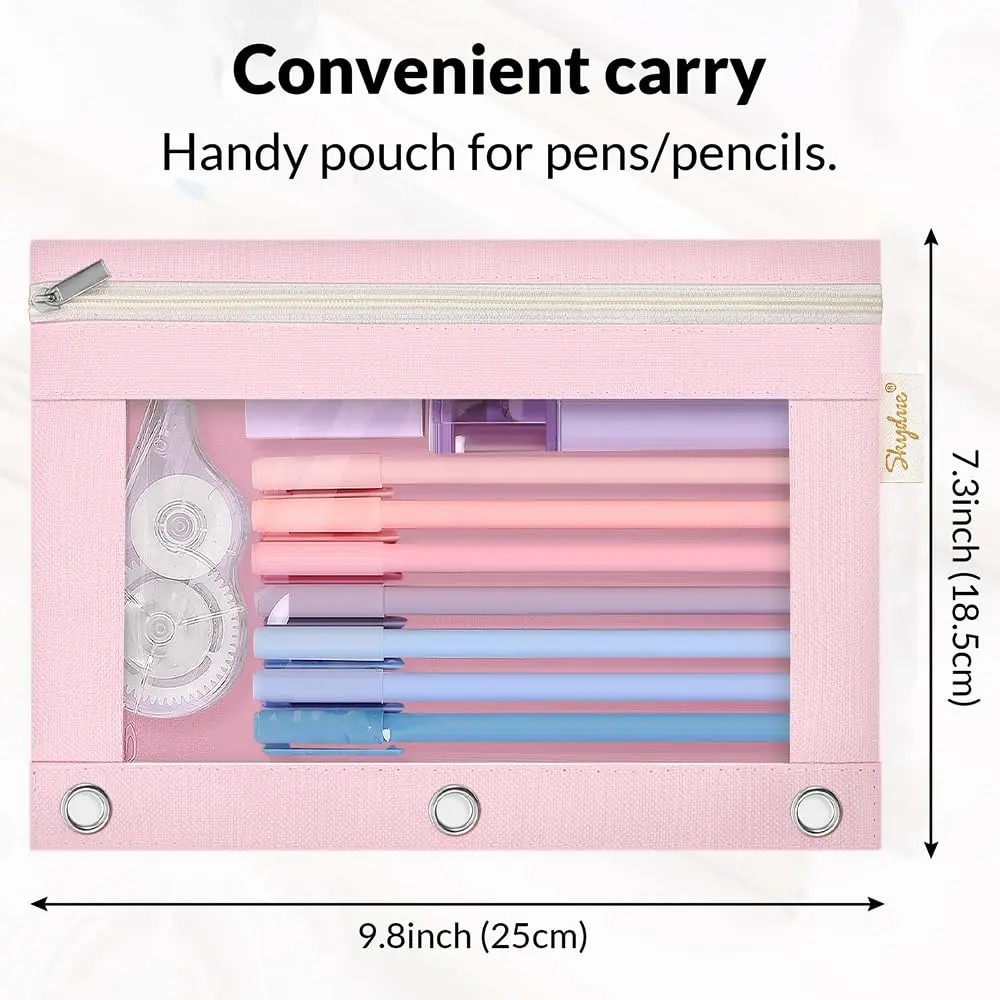 SKYDUE 9.8"x7.25" 3-Ring Binder Zipper Pouch - Durable Lightweight Organiser with 3 Pockets, Mesh Window, Portable Storage Organizer for Office Supplies, Blush Pink, Durable Lightweight Organizer