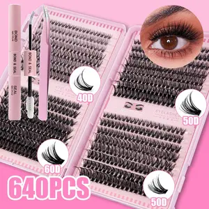 3 in 1 set 640 pcs Fluffy Lash Clusters Eyelash Extensions Kit with Tweezers Bond & Seal 8-16mm Light Volume Wispy Professional Makeup Lashes Easy DIY Non Irritating High Quality 3D Lash Bottom Supplies Set