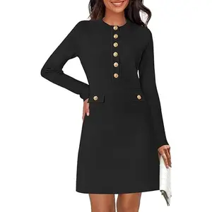 MEROKEETY Women's Fall 2025 Long Sleeve Bodycon Sweater Dress Button Crew Neck Winter Formal Mini Dresses