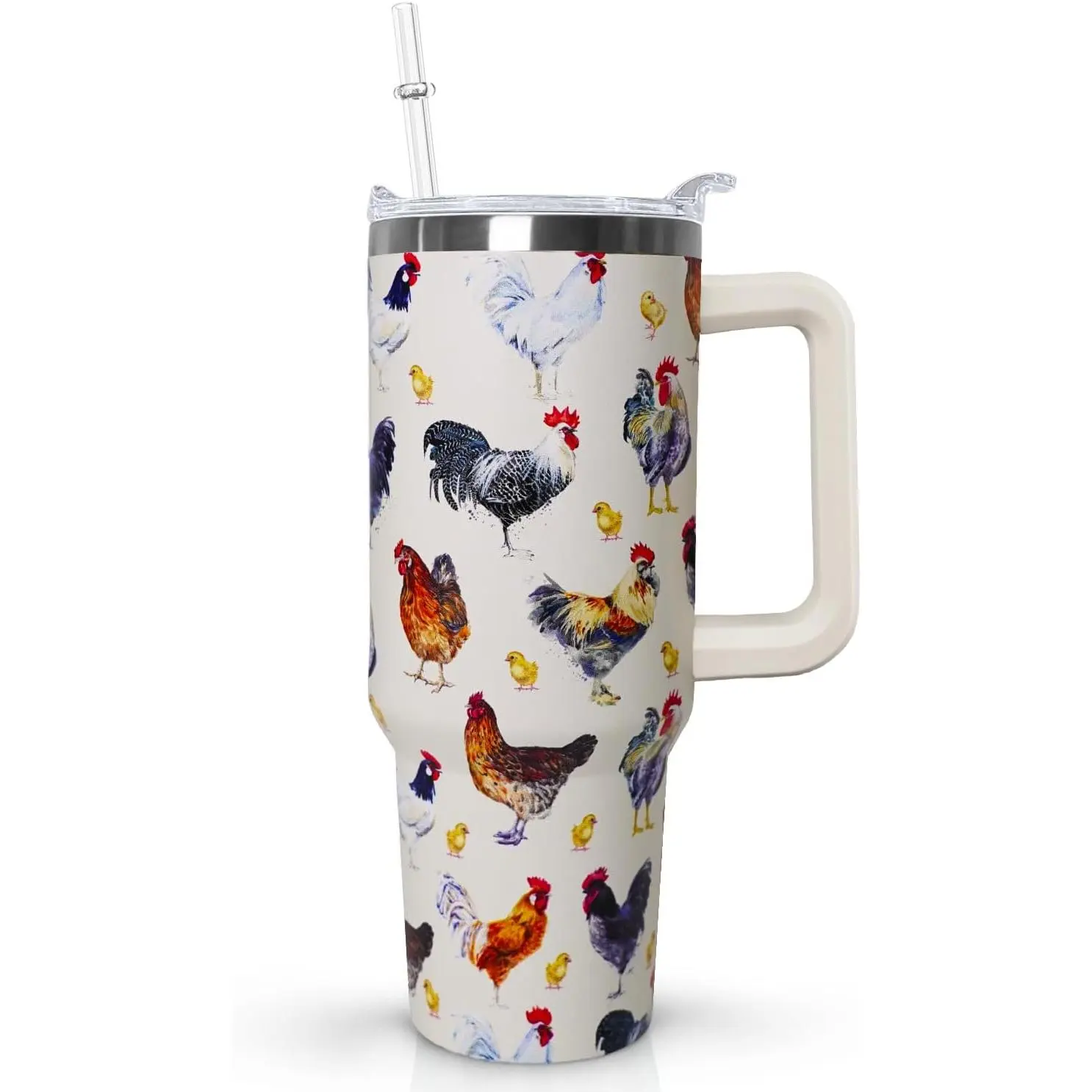 40oz Stylish Animal-Themed Stainless Steel Insulated Tumbler - Chicken Print, Egg Design, Handle, Transparent Lid, Straw, Vacuum Flask Kitchenware Beverage Holder for Coffee, Tea - Novelty Gift for Mom, Girlfriend, Animals