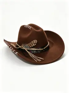 Western Adjustable Cowboy Hat for Women, Woolen Wide Brim Fall Winter Retro Style, Men's Hemp Rope Feather Decor, Outdoor Camping Riding Accessory