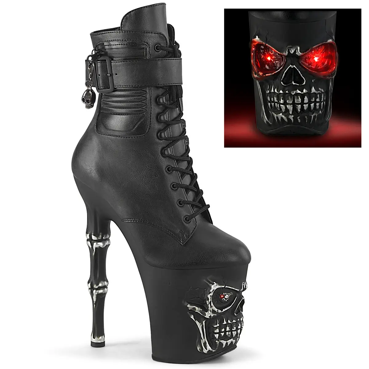 Women's Lace-Up Platform Ankle Boot, Synthetic PU Leather with 8-in Decorative Finger Bone Heel, 4-in Skull Platform, USB Chargeable Red LED Lights, Mini Skull Charms, Outside Zippered Pocket, Front Laces & Side Zip Footwear