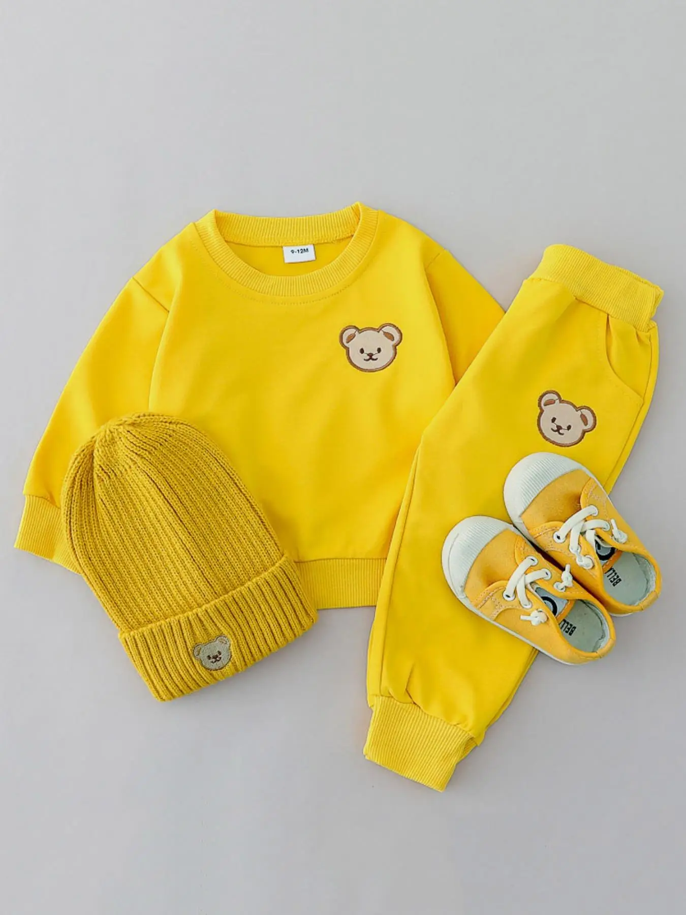 Baby's Two-piece Outfits without Hat & Shoes, Cartoon Bear Embroidery Sweatshirt & Elastic Waist Sweatpants Set, Baby's Clothes for Daily Wear