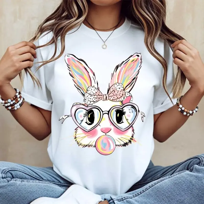 Women's Cotton Easter Bunny Graphic T-Shirt - Casual Fitted Short-Sleeve Round Neck White Casual Wear Clothes for Spring Holiday