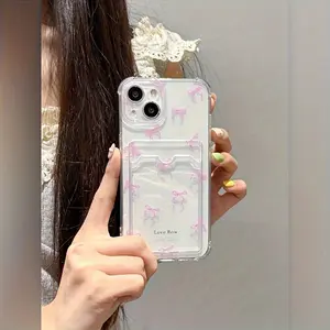 1pc of Pink Bow Personalized Design Card-Insertable Full-Cover Transparent TPU Phone Case Compatible with for iphone 17,16, 15, 14, 13, 12, 11 Pro Max, And XR.