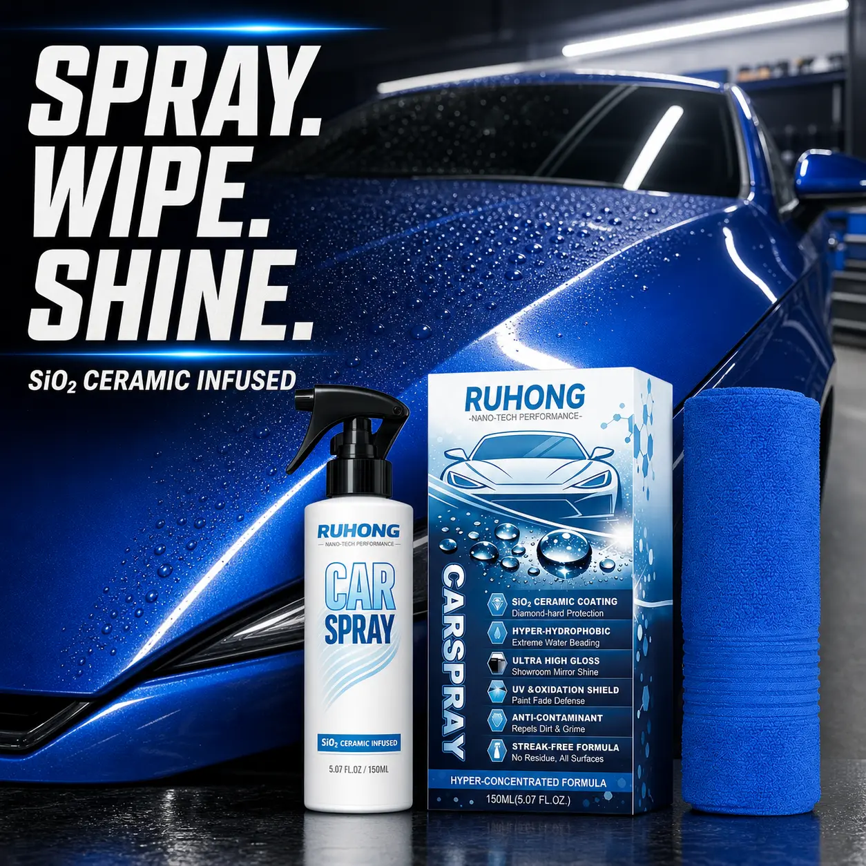 RUHONG SiO2 Ceramic Coating Spray for Cars, 150 mL Hydrophobic Car Paint Sealant Kit with 30 x 30 cm Microfiber Towel, High Gloss Water Beading Quick Detailer for Cars, SUVs & Trucks