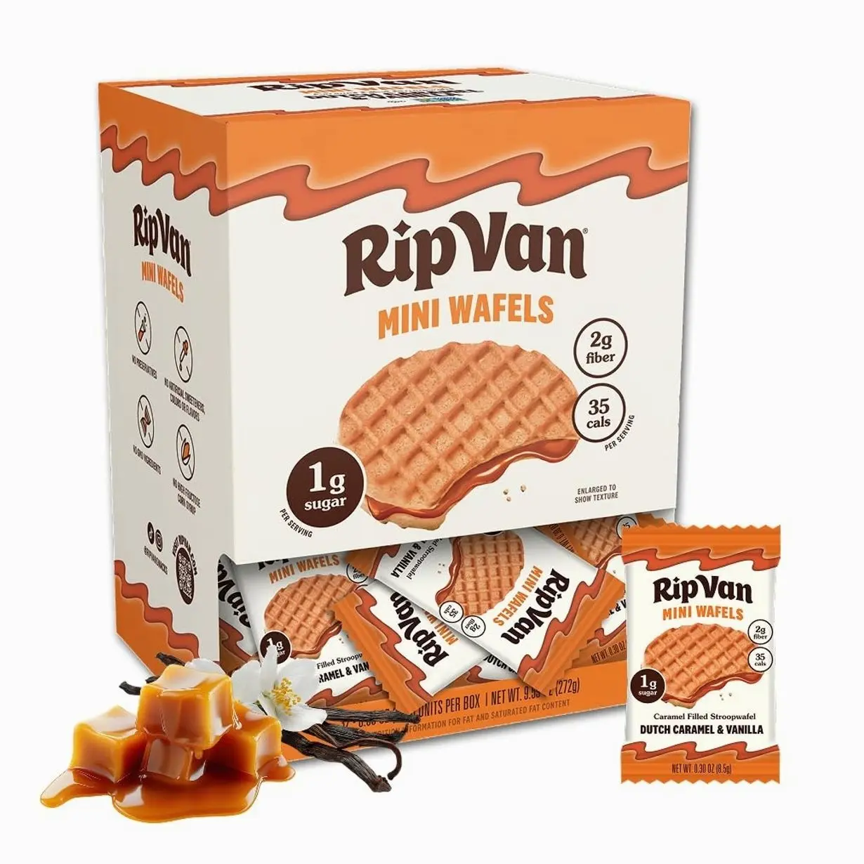 Rip Van Wafels Dutch Caramel Mini Stroopwafels - Low Carb Snacks (3g Net Carbs) - Non GMO Snack - Keto Friendly - Office Snacks - Low Calorie Snack (34 Calories) - Low Sugar (1g) - 32 Pack