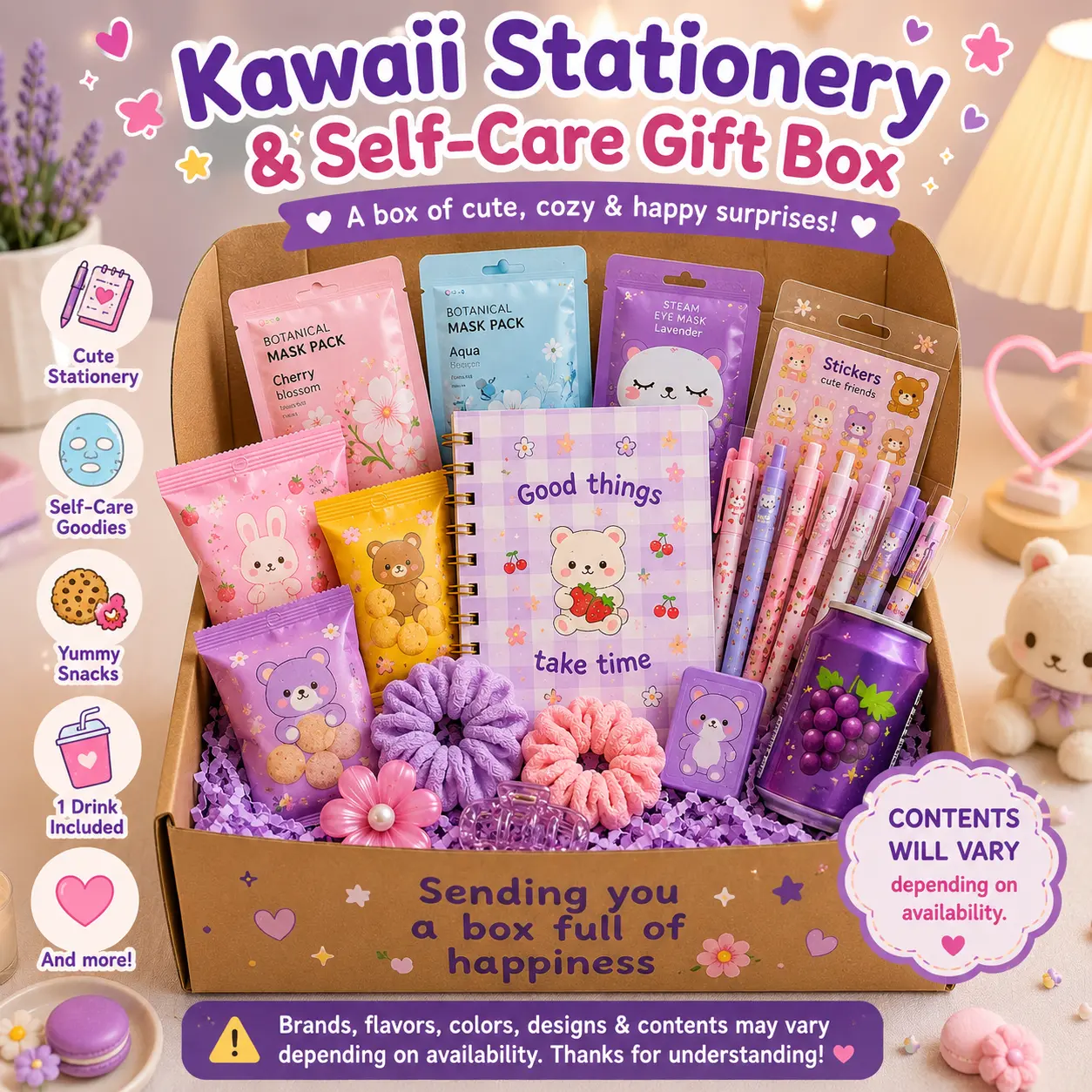 Kawaii Stationery & Self-Care Gift Box – Cute Pens, Notebook, Stickers, Accessories, Snacks & Drink