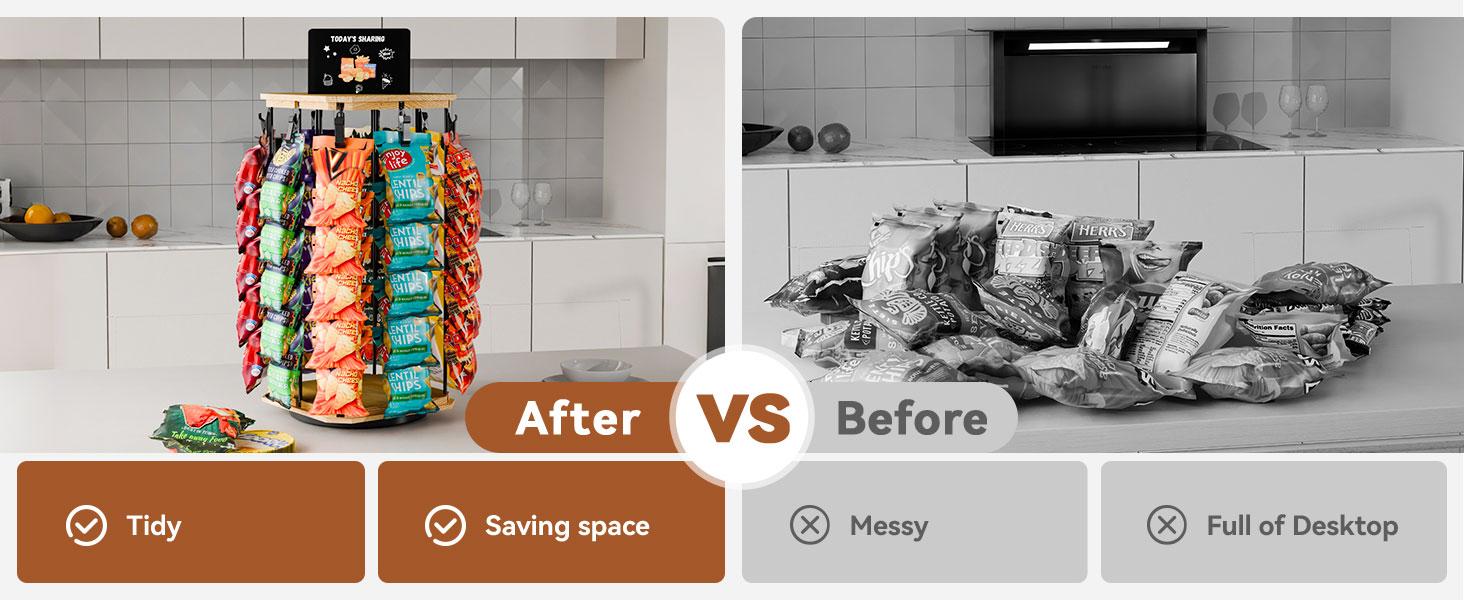 MOVATEK 360° Rotating Wooden Snack Stand | 5-Tier Candy Display 40 Clips Snack Organizer| Rack for Concession Stand Countertop Snack Stand Party  | Sturdy base | With Message Board |