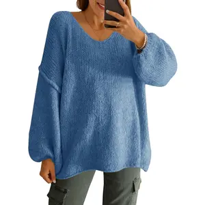 Imily Bela Womens Oversized V Neck Sweaters Chunky Knit Lantern Long Sleeve Fall Winter Slouchy Tunic Sweater Tops