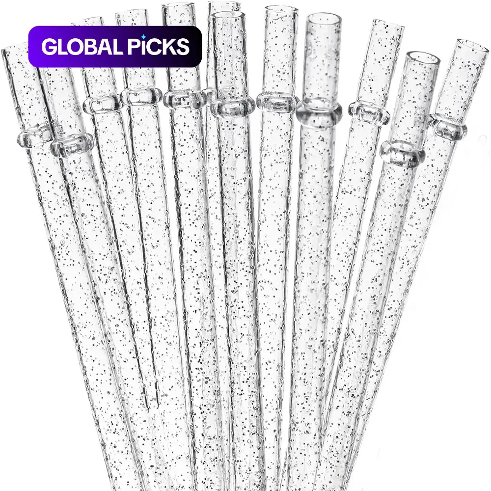Reusable Colorful Glitter Clear Plastic Drinking Straws, 12-Piece Set With Cleaning Brush, Drink Accessories For Home Kitchen, Party, Picnic, Outdoor Use #GLOBAL PICKS