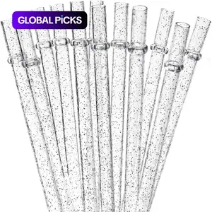 Reusable Drinking Straws with Cleaning Brush, 12-Piece Durable Clear Plastic Colorful Glitter Drinking Straws, Drinking Supplies for Home Kitchen, Party, Picnic and Outdoor Use #GLOBAL PICKS