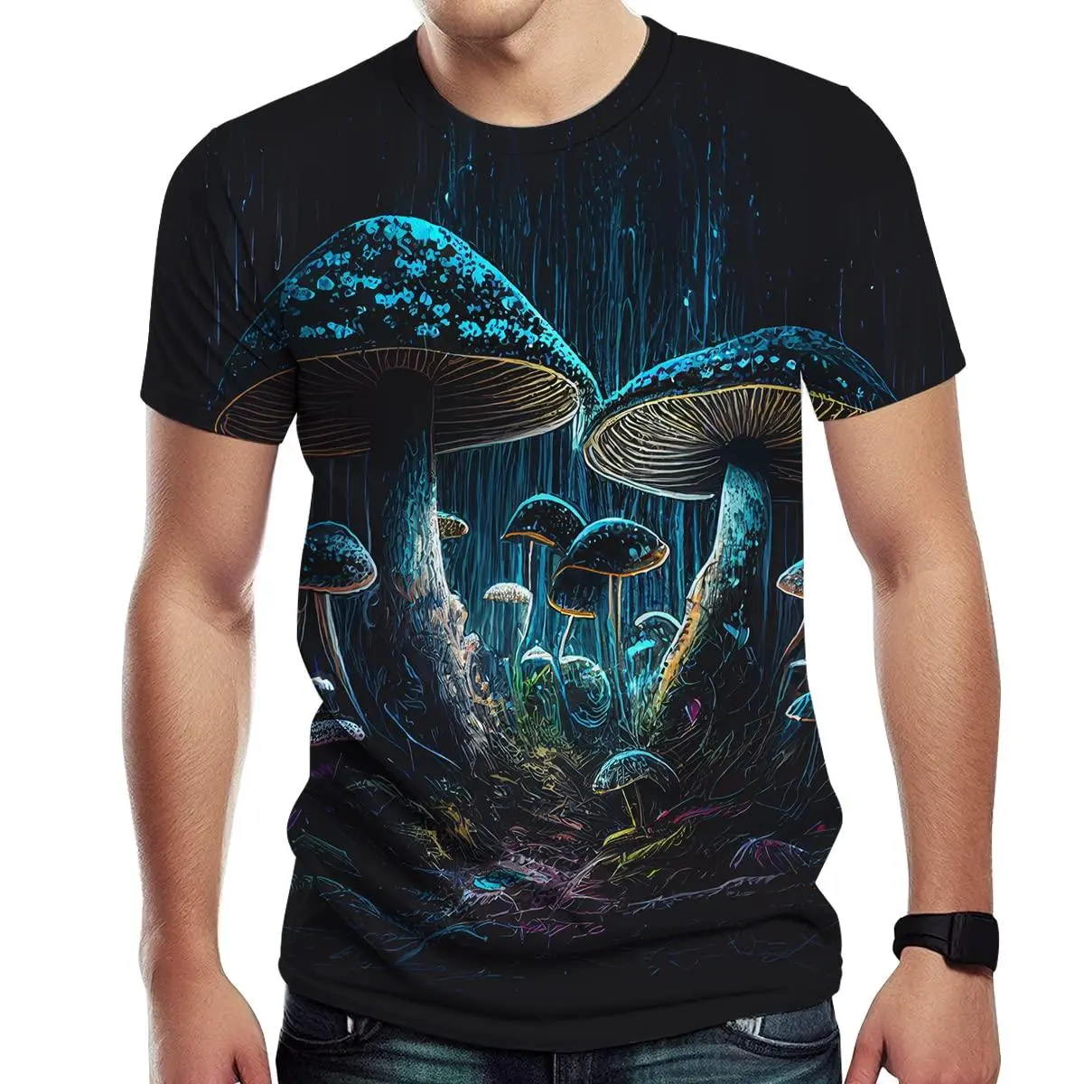 Unisex Neon Glowing Mushroom Graphic T-Shirt | Psychedelic Forest Mushroom Print for Adults | Ideal for Halloween, Music Festivals, Casual Daily Wear | Black Crewneck Tee