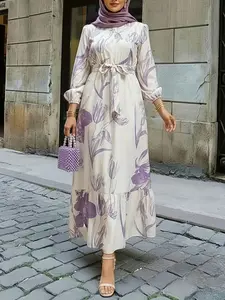 Elegant Women's Floral Print Dress, Classy Modest Dresses, Modest Style Dress, Elastic Waist Patchwork Hem, Casual Daily Wear, Travel, Holiday, Vacation, Party