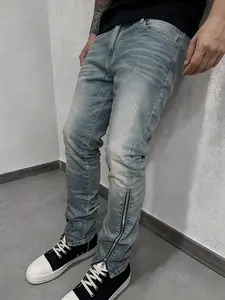 Blue Plain Fitted Elastic stretch Denim jeans, adjustable metal zippers at both hem sides, paired with natural fading vintage technique, a retro street must-have pants Streetwear
