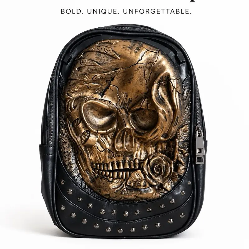 Gothic 3D Gold Skull Rose Multi-Function Zip Backpack - Lightweight, Waterproof, Unisex Alt-Style Gothic Design Bag, Ideal for Adults Gifts, Travel, SKU:3289