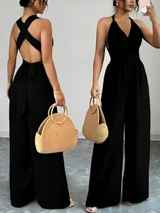 Halter Neck Crisscross Back Tie Wide Leg Jumpsuit for Womenswear Overalls Womenswear Overalls Rompers Bridal