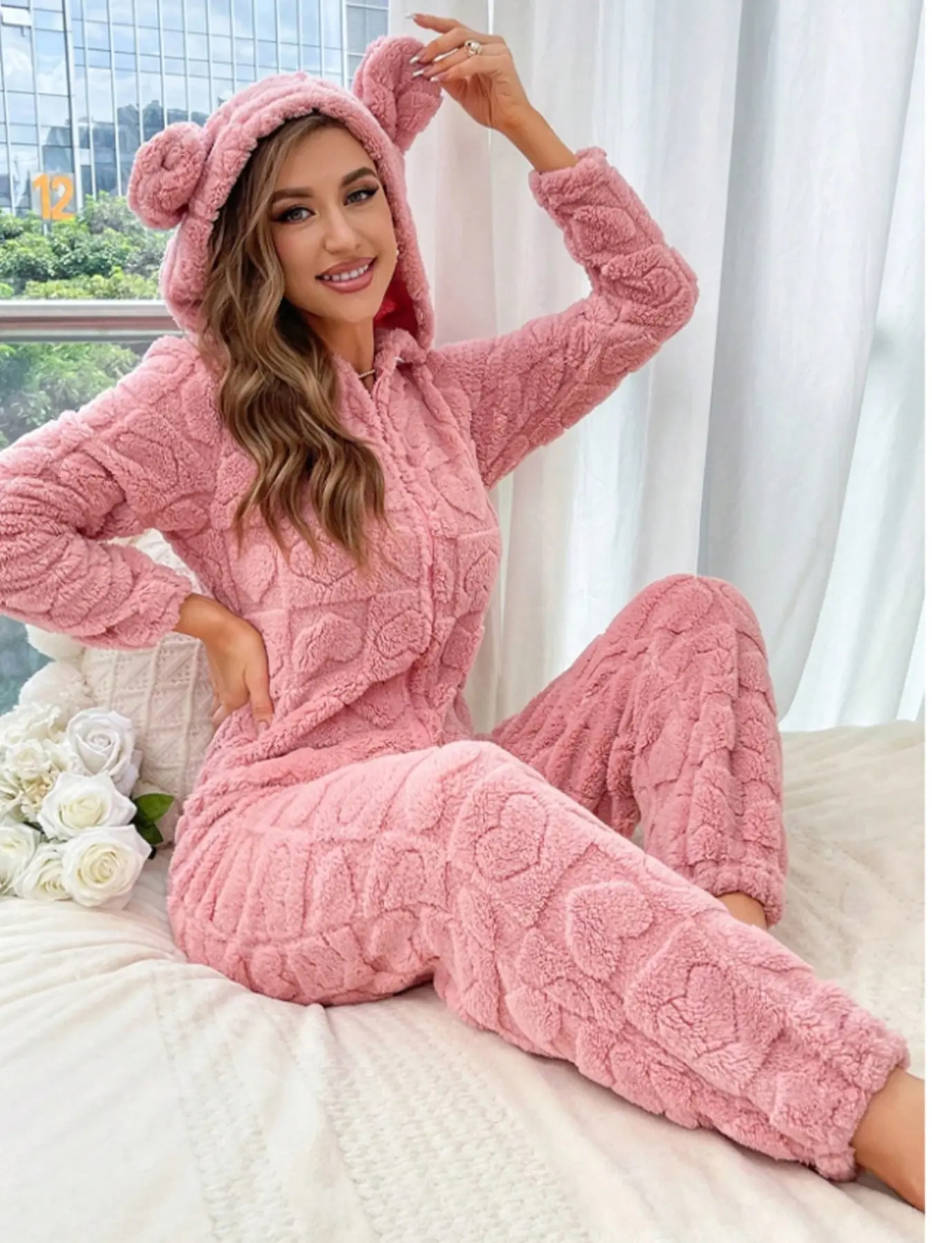 Women's Fuzzy Onesie Jumpsuit Pajamas Set Loungewear, Long Sleeve Hooded Zipper Design, Cute Heart Pattern, Thick Fabric, Fall & Winter Home Wear
