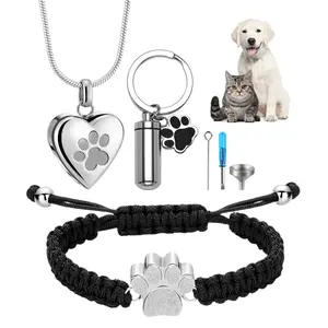 Pet Cremation Jewelry Set: 3 Pcs Stainless Steel Heart Pet Cats Dogs Urn Necklace Adjustable Paw Bracelet Memorial Ashes Keychain with Filling Kit
